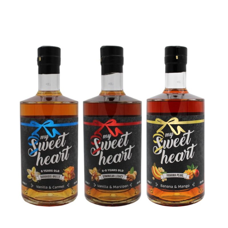 Drei Flaschen My Sweet Heart nebeneinander: Barbados Breeze, Dominican Legacy und Panama Pearl
