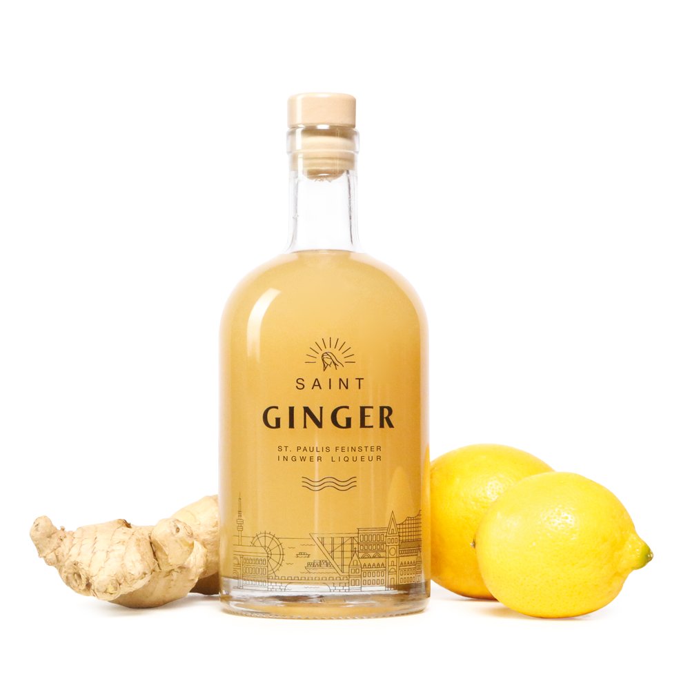 Saint Ginger Flasche mit Ingwerknolle und Zitrone