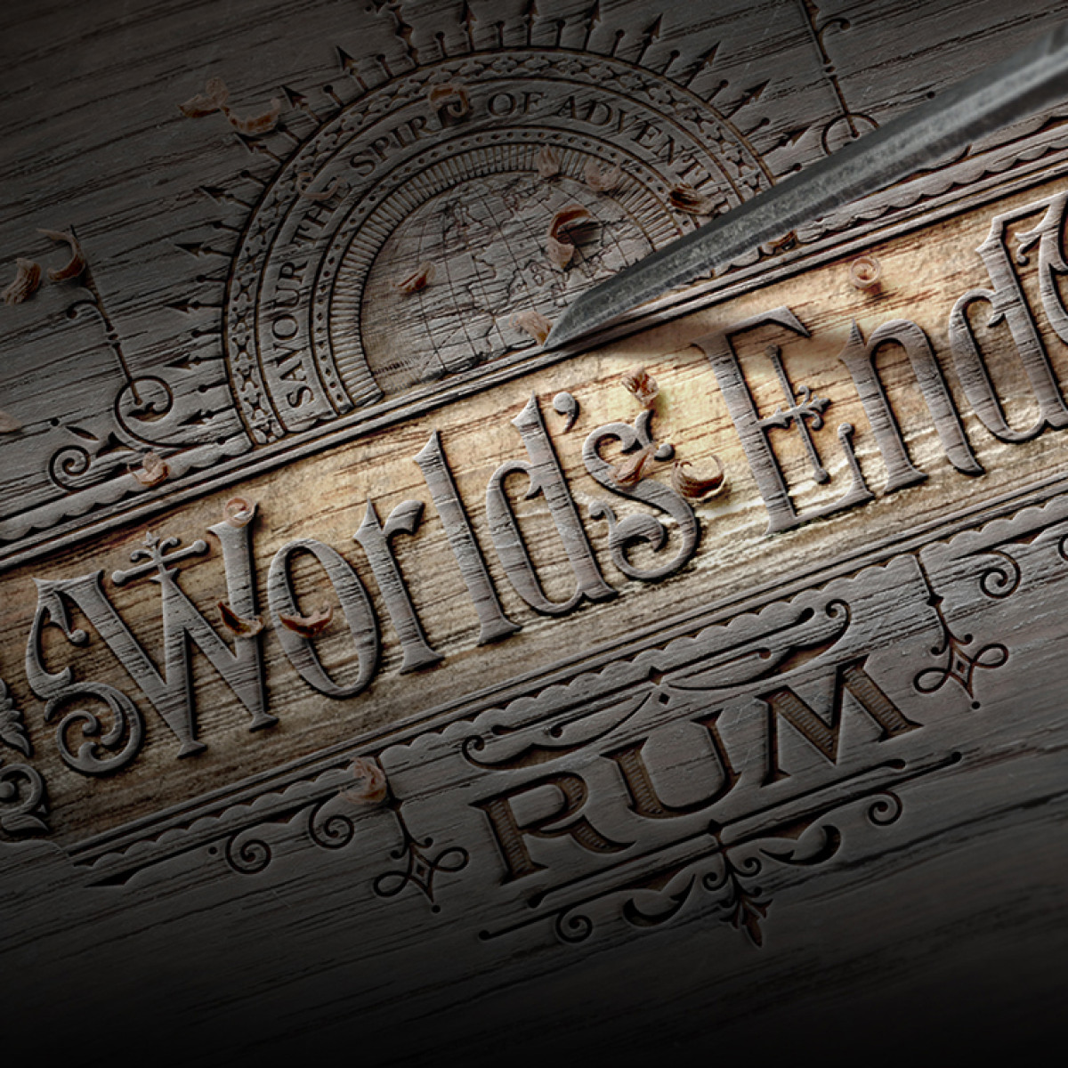 World’s End Rum – der Schriftzug in Holz geschnitzt