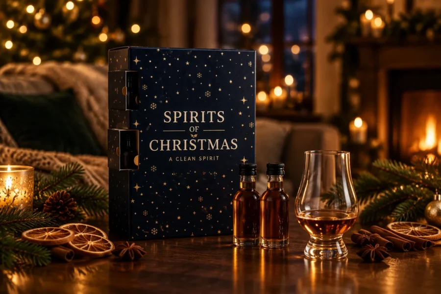 Spirits of Christmas Rum-Adventskalender mit zwei Miniaturen und Nosing-Glas bei Kerzenlicht