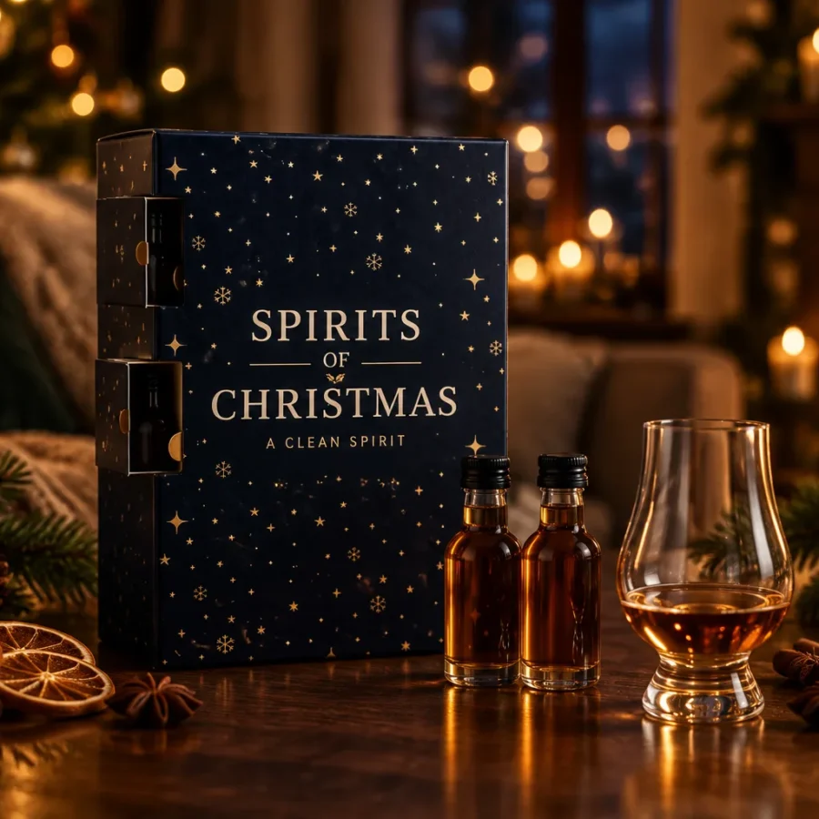 Spirits of Christmas Rum-Adventskalender mit zwei Miniaturen und Nosing-Glas bei Kerzenlicht