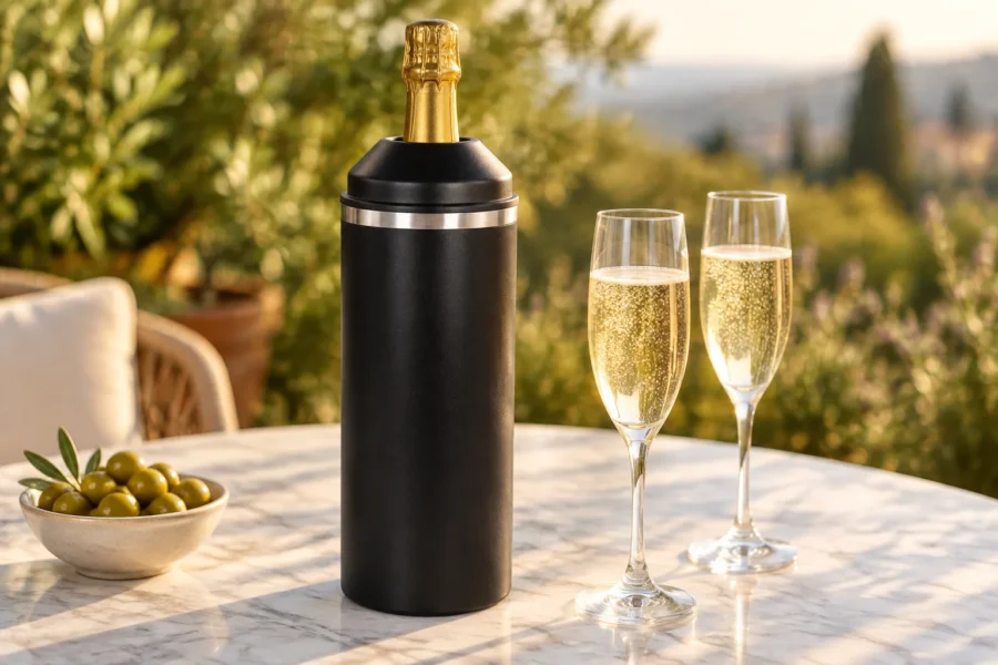 Prosecco im schwarzen doppelwandigen Weinkühler aus Edelstahl, daneben zwei Sektgläser