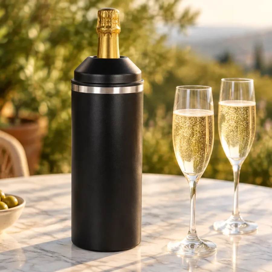 Prosecco im schwarzen doppelwandigen Weinkühler aus Edelstahl, daneben zwei Sektgläser